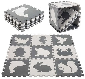 Covoraș puzzle din spuma pentru copii   9 piese  imprimeu animale  85 x 85 cm  gri-alb
