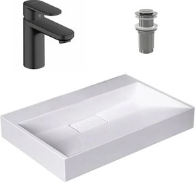 Pachet lavoar pe blat Rea Goya alb 60 cm, baterie lavoar Hansgrohe Vernis Blend 100 negru si ventil lavoar Click-Clack crom