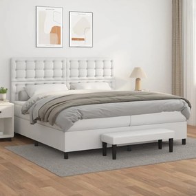 3137684 vidaXL Pat box spring cu saltea, alb, 200x200 cm, piele ecologică