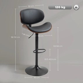 HOMCOM Set de 2 Scaune de Bar cu Spătar Reglabil pe Înălțime, Lemn și Piele Ecologică, 53x52x92-112 cm, Negru | Aosom Romania