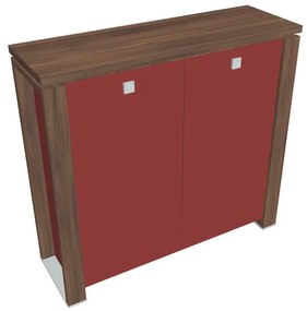 Dulap mediu Verno+ S 140 x 46 x 130 cm, uși de sticlă, nuc / roșu