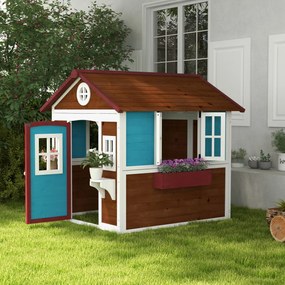 Outsunny Căsuță copii exterior casă de joacă exterioară cu ușă ferestre și jardiniere 114 x 126,4 x 135 cm Maro | Aosom Romania