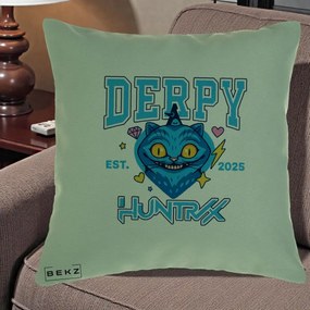 Perna Personalizata K-pop HUNTRX Derpy Pisica Albastra, 40x40 cm, Verde, Husa Detasabila, Perna Inclusa, BEKZ®