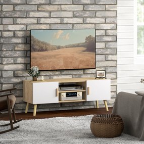 HOMCOM Comodă TV din lemn pentru televizor până la 127 cm cu rafturi, 2 dulapuri și orificii pentru cabluri, stejar | Aosom Romania