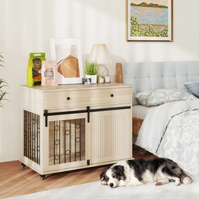 PawHut Cușcă pentru câini pe roți, 2 uși, 2 sertare, pentru câini medii și mari, lemn, oțel | Aosom Romania