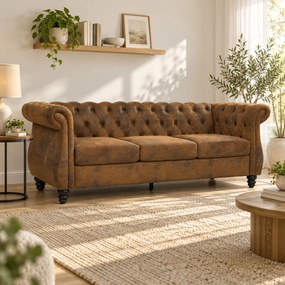 HOMCOM Canapea Chesterfield 3 Locuri din Material Respirabil cu Aspect de Piele, Șezut Lat, Umplutură Groasă, Maro Cafea | Aosom Romania