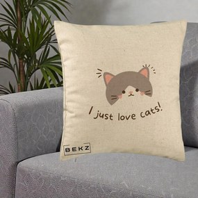 Perna Personalizata I Just Love Cats Pisica Kawaii, 40x40 cm, Bej, Husa Detasabila, Perna Inclusa, BEKZ®