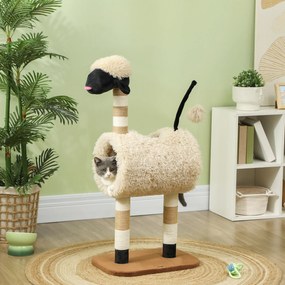 PawHut Pom de zgâriat în design de oi, cu poste de zgâriat, tunel și jucărie, 98 cm, maro deschis | Aosom Romania
