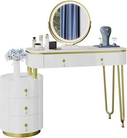 Masuta machiaj cu Oglinda LED si 5 Sertare pentru Cosmetice, Set Masa toaleta 100 cm, Alb, masuta cosmetica, vanity - SEA422