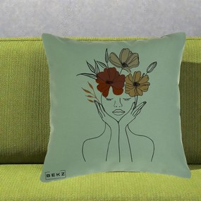 Perna Decorativa Portret Feminin Coroana Trei Flori, 40x40 cm, Verde, Husa Detasabila, Perna Inclusa, BEKZ®