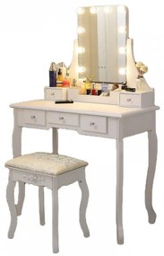 Set Henrieta, Masă de toaletă cu oglindă iluminată LED, control touch, 5 sertare, scaun, Alb,