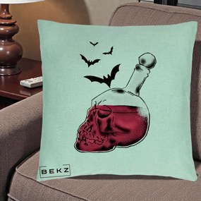 Perna Decorativa Halloween Craniu-Sticla cu Lilieci, 40x40 cm, Verde Menta, Husa Detasabila, Perna Inclusa, BEKZ®