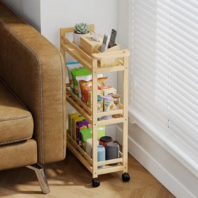 HOMCOM Raft de Baie din Bambus cu 3 Niveluri, Carucior Organizator cu Roți pentru Bucătărie, Baie, Living, 55 x 20 x 75 cm - Natural | Aosom Romania