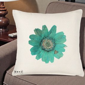 Perna Decorativa Floare Gerbera Teal Acuarela, 40x40 cm, Crem Reliefat, Husa Detasabila, Perna Inclusa, BEKZ®