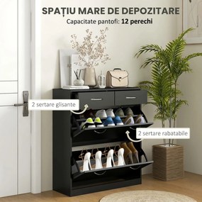 HOMCOM Dulap pentru Pantofi Modern cu 2 Rafturi Regabile și 2 Sertare din Lemn Negru | Aosom Romania