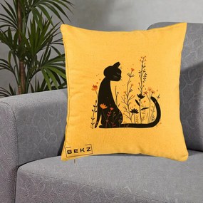 Perna Decorativa Pisica Neagra Flori Portocalii Silueta, 40x40 cm, Galben, Husa Detasabila, Perna Inclusa, BEKZ®