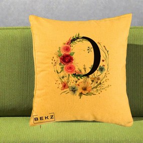 Cadou Personalizat - Perna Personalizata Monogram Litera O cu Flori Acuarela, 40x40 cm, Galben, Husa Detasabila, Perna Inclusa, BEKZ®