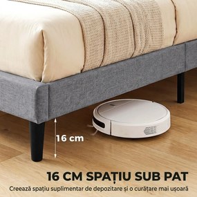 HOMCOM Cadru de Pat Matrimonial Tapițat, cu Tăblie Matlasată din In, Gri | Aosom Romania