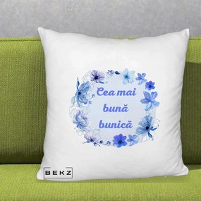 Cadou pentru Bunica - Perna Personalizata Cea Mai Buna Bunica Coronita Flori Albastre Acuarela, 40x40 cm, Alb Pufos, Husa Detasabila, Perna Inclusa, BEKZ®