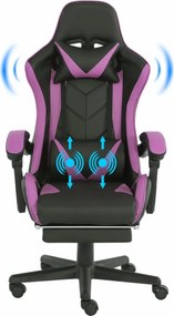 RESIGILAT- Scaun gaming, masaj în perna lombară, suport picioare, piele PU, Negru/Mov