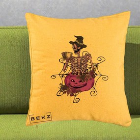 Perna Decorativa Schelet Vrajitor cu Dovleac Violet Halloween, 40x40 cm, Galben, Husa Detasabila, Perna Inclusa, BEKZ®