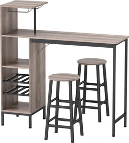 HOMCOM Set masă bar 3 piese cu depozitare, rafturi pentru vin, suporturi pentru pahare, scaune bar cu suport pentru picioare, pentru spații mici, Gri | Aosom Romania