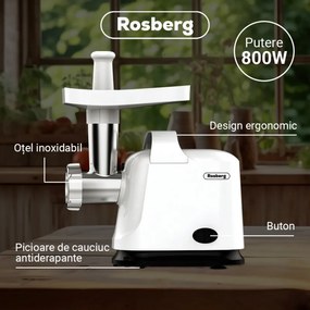 Masina de tocat carne cu atasament pentru rosii Rosberg R51991E, 800W, Functie Reverse, Alb