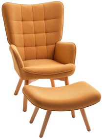 HOMCOM Fotoliu Accent cu Otoman, Fotoliu de Relaxare în Aspect de Catifea, Fotoliu cu Brate din Lemn, pentru Living, Maro | Aosom Romania