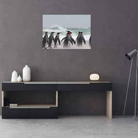 Tablou pe sticlă pinguini în ocean (70x50 cm)