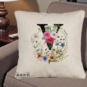 Cadou Personalizat - Perna Personalizata Monograma Florala Litera V cu Coroana, 40x40 cm, Bej Canapea, Husa Detasabila, Perna Inclusa, BEKZ®
