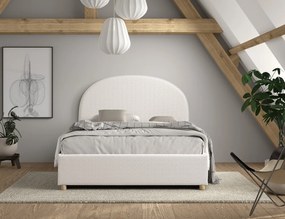 Pat tapițat pentru copii MOON, 140 x 200 cm, alb, cu țesătură bouclé și spațiu de depozitare – Vipack