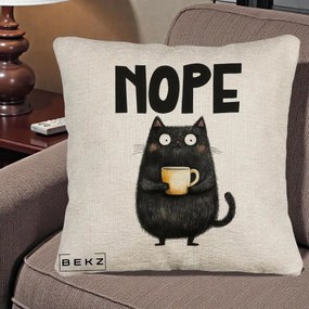 Perna Decorativa NOPE Pisica Neagra Cafea, 40x40 cm, Bej Canapea, Husa Detasabila, Perna Inclusa, BEKZ®