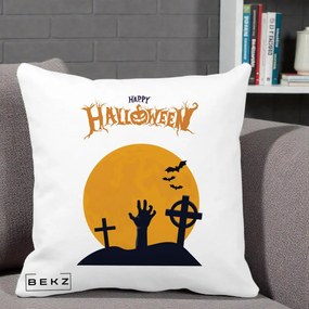Perna Decorativa Happy Halloween Cimitir cu Luna, 40x40 cm, Alba Mata, Husa Detasabila, Perna Inclusa, BEKZ®