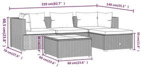 Set mobilier de gradina cu perne, 5 piese, maro, poliratan maro si rosu scortisoara, 2x colt + mijloc + suport pentru picioare + masa, 1