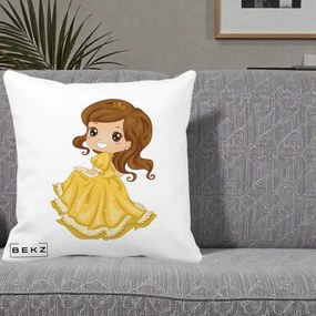 Perna Decorativa Printesa Bella Rochie Aurie, 40x40 cm, Alba Mata, Husa Detasabila, Perna Inclusa, BEKZ®