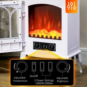 HOMCOM Șemineu Electric de Podea 1000W/2000W Efect de Flacără Luminositate Reglabilă Alb | Aosom Romania