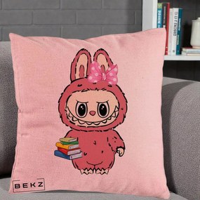 Perna Personalizata Labubu Roz cu Funda si Carti, 40x40 cm, Roz, Husa Detasabila, Perna Inclusa, BEKZ®