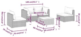 Set mobilier de gradina cu perne, 5 piese, maro, poliratan maro si rosu scortisoara, 2x colt + 2x mijloc + masa, 1