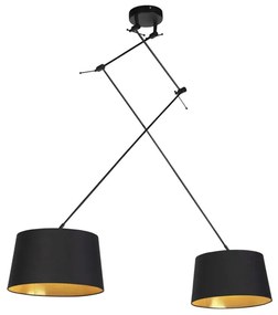 Lampă suspendată neagră cu abajururi din bumbac negru și auriu 35 cm cu 2 lumini - Blitz