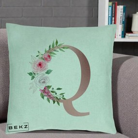 Cadou Personalizat - Perna Personalizata Monograma Rose Gold Litera Q, 40x40 cm, Verde Menta, Husa Detasabila, Perna Inclusa, BEKZ®