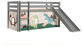 Pat copii cu tobogan, înălțime medie, gri, 90x200 cm, somieră inclusă, husă Dino – Vipack Pino