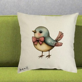 Perna Decorativa Pasare Bleu cu Fundita Rosie, 40x40 cm, Ecru, Husa Detasabila, Perna Inclusa, BEKZ®