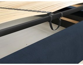 Pat matrimonial albastru închis tapițat cu spațiu de depozitare și somieră 160x200 cm Jagna – Bobochic Paris