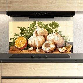 Panou Sticla Bucatarie, 60x150cm, Protectie aragaz, Antistropi, Termorezistent, Alimente, Condimente, Garlic Lemon