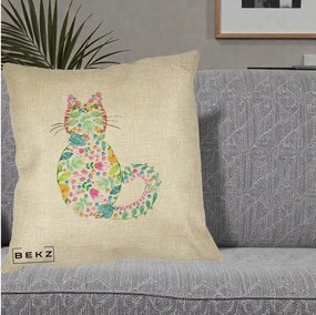 Perna Decorativa Pisica Florala Acuarela, 40x40 cm, Crem, Husa Detasabila, Perna Inclusa, BEKZ®