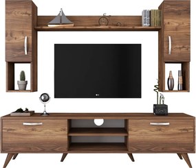 Comoda TV cu raft de perete si 2 cabinete M27 - 284, Wren, 180 x 35 x 48.6 cm/133 cm, walnut