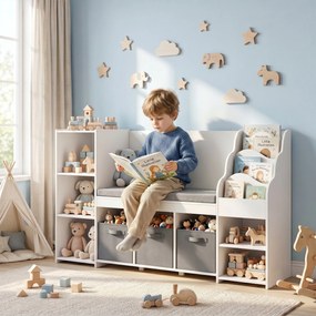 AIYAPLAY Raft Depozitare Jucării Copii 3-8 Ani cu Bibliotecă pe 3 Niveluri, 3 Sertare, 4 Compartimente, Pernă, Alb | Aosom Romania