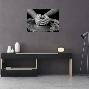 Tablou pe sticlă alb negru - producția de ceramică (70x50 cm)