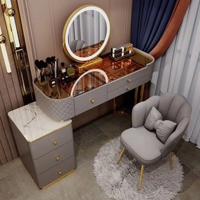 RESIGILAT-Set RANIA, Masă de toaletă pentru machiaj cu oglindă iluminată LED, control touch, 6 sertare, comoda, scaun, Gri
