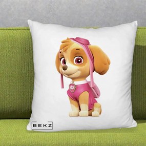 Perna Personalizata Skye PAW Patrol Roz, 40x40 cm, Alb Pufos, Husa Detasabila, Perna Inclusa, BEKZ®